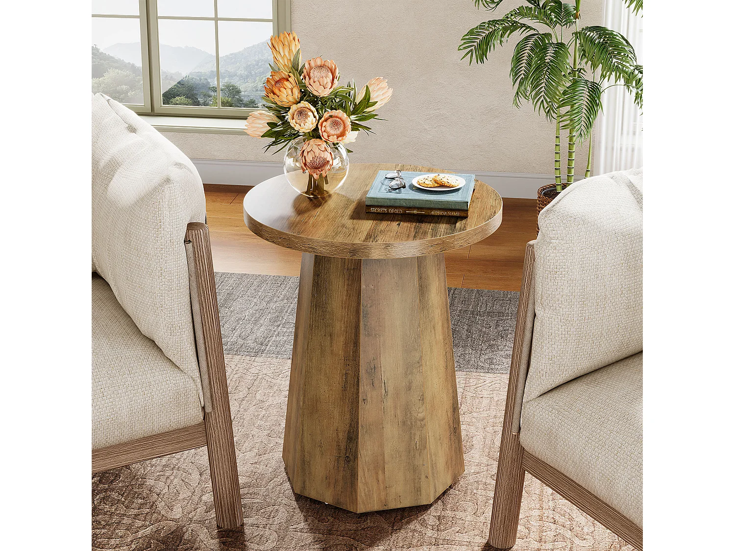 Table d'appoint ronde en bois avec socle octogonal - Base rustique marron - Meuble accentué pour salon, chambre à coucher (1)