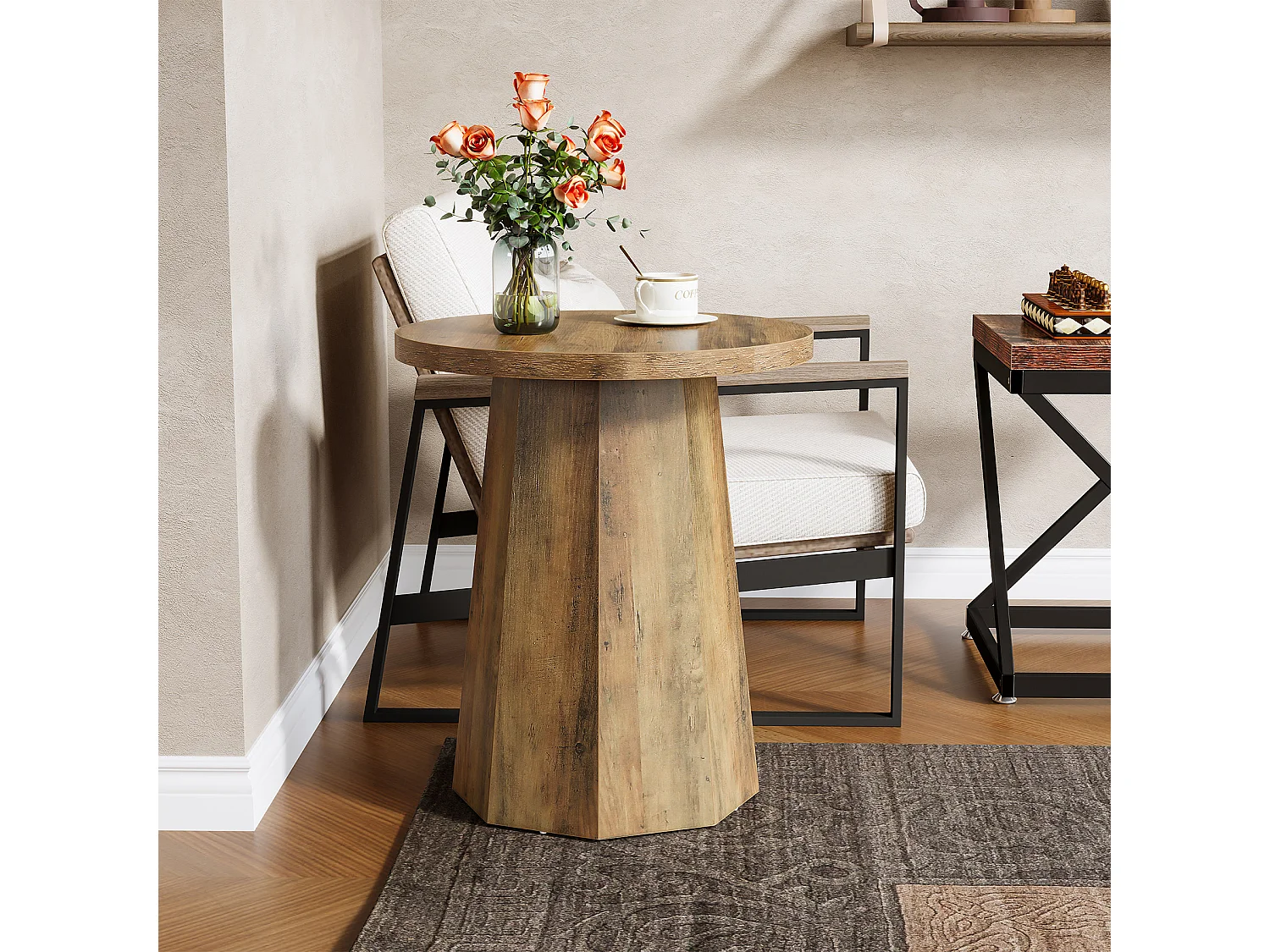 Table d'appoint ronde en bois avec socle octogonal - Base rustique marron - Meuble accentué pour salon, chambre à coucher (1)