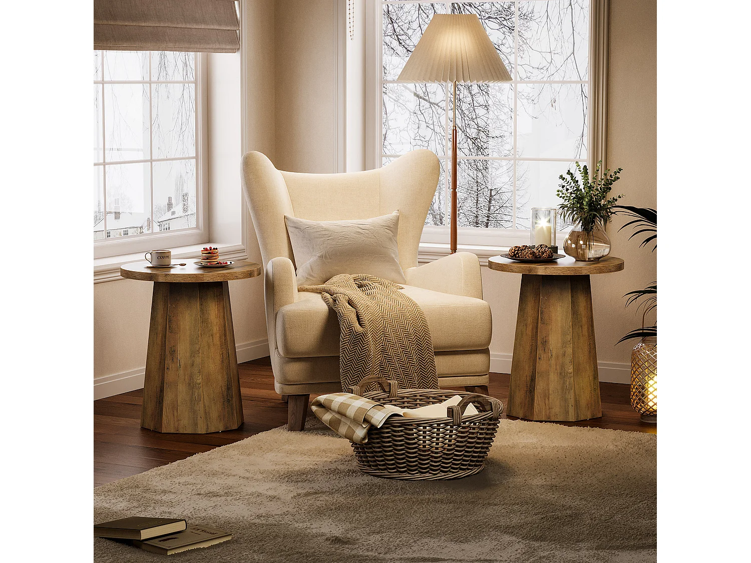 Table d'appoint ronde en bois avec socle octogonal - Base rustique marron - Meuble accentué pour salon, chambre à coucher (1)