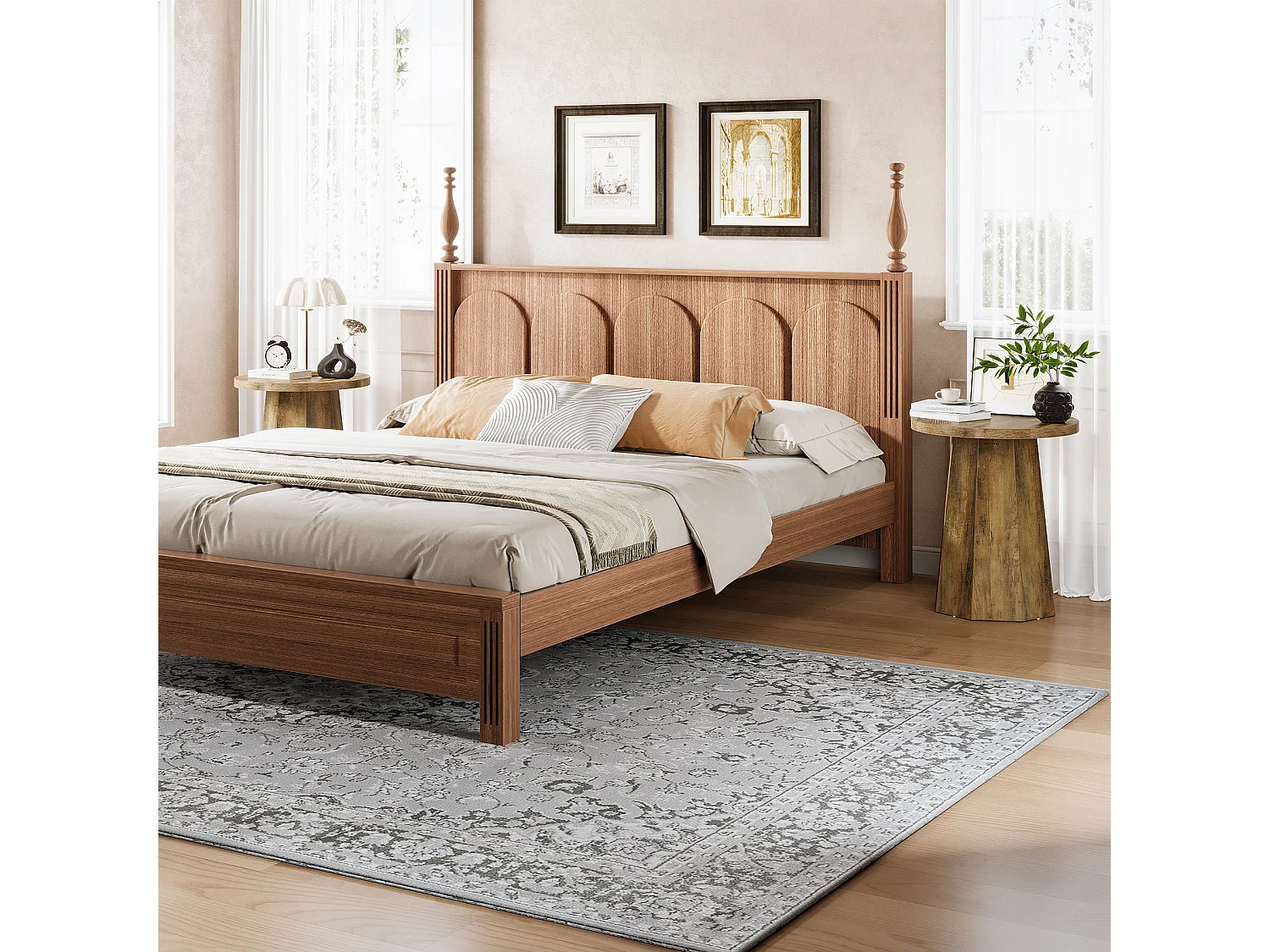 Table d'appoint ronde en bois avec socle octogonal - Base rustique marron - Meuble accentué pour salon, chambre à coucher (1)