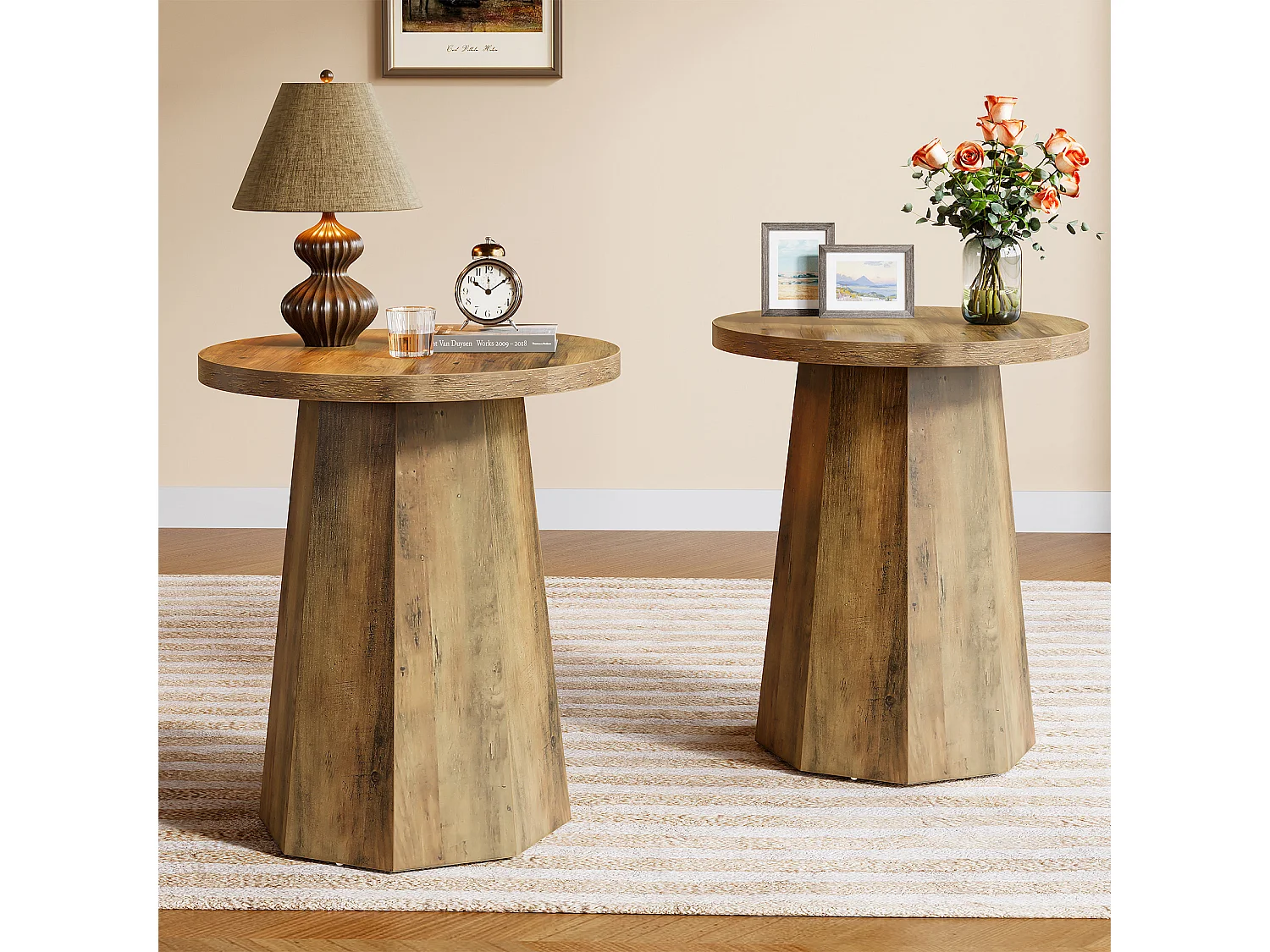 Table d'appoint ronde en bois avec socle octogonal - Base rustique marron - Meuble accentué pour salon, chambre à coucher (1)