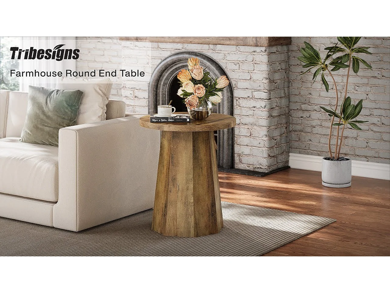 Table d'appoint ronde en bois avec socle octogonal - Base rustique marron - Meuble accentué pour salon, chambre à coucher (1)