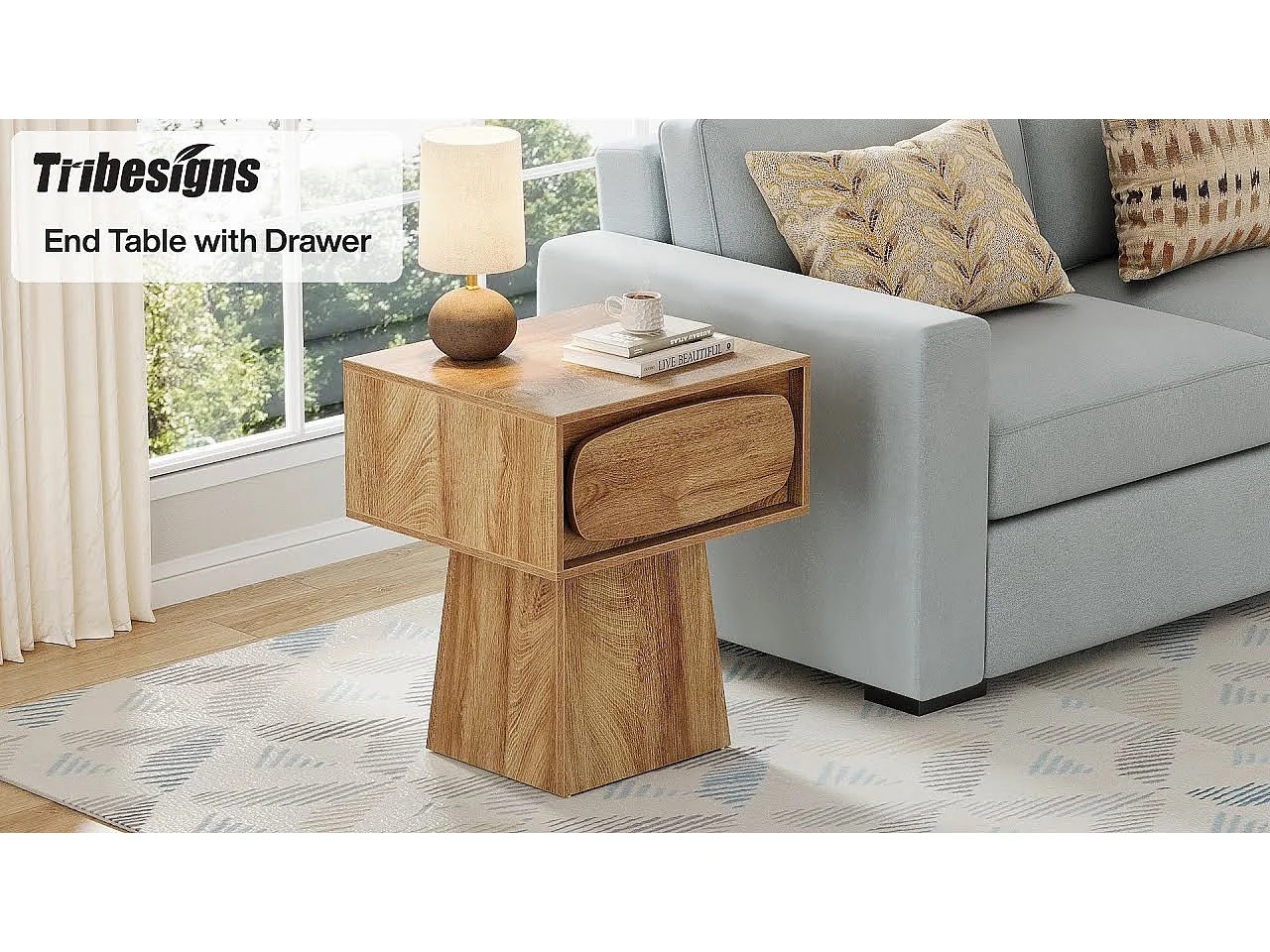 Galano Salisbury Con Specchio E Cassetto - Comodino In Rovere E Avorio Con Ripiano, Dimensioni Compatte 45,9x39,5x55,2 Cm - Perfetto Per Camera Da Letto, Soggiorno O Ingresso - 4