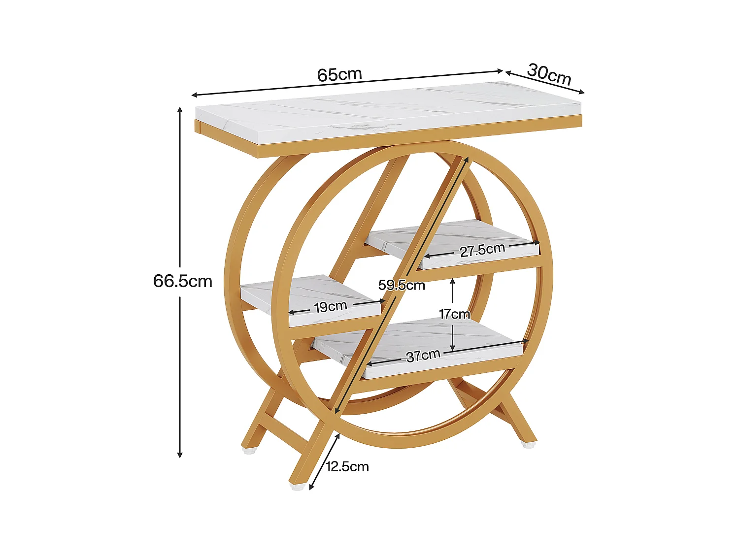 Tavolino laterale in finto marmo a 3 ripiani con contenitore, tavolino stretto in legno con struttura geometrica in metallo, comodino moderno per soggiorno