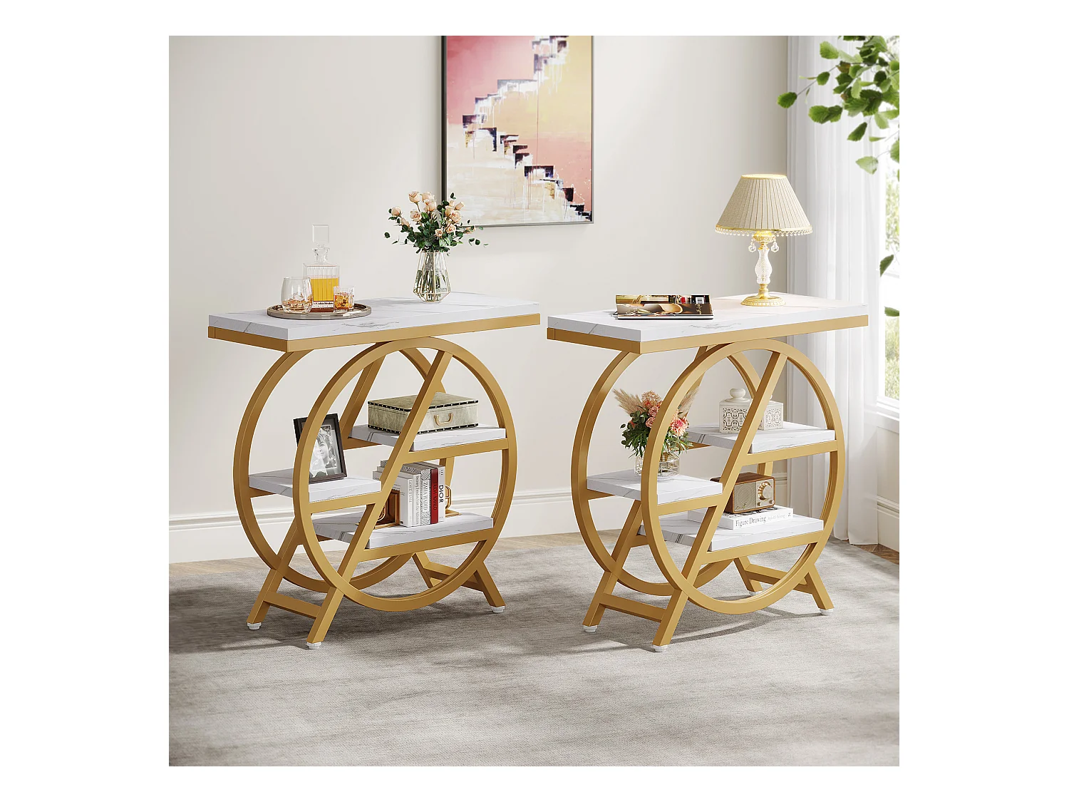 Tavolino laterale in finto marmo a 3 ripiani con contenitore, tavolino stretto in legno con struttura geometrica in metallo, comodino moderno per soggiorno