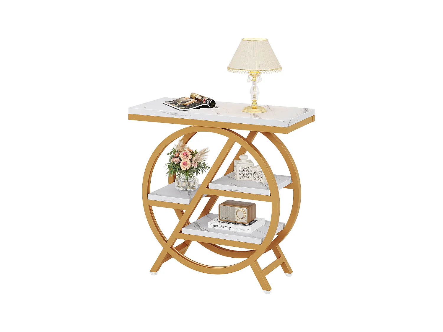 Table d'appoint à 3 Niveaux en Imitation marbre avec Rangement,d'appoint étroite en Bois avec Cadre géométrique en métal, Table de Chevet Moderne pour Salon