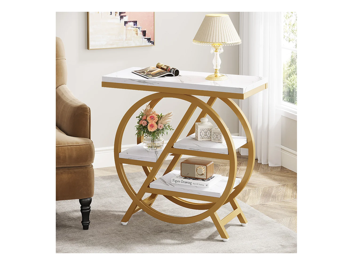 Table d'appoint à 3 Niveaux en Imitation marbre avec Rangement,d'appoint étroite en Bois avec Cadre géométrique en métal, Table de Chevet Moderne pour Salon