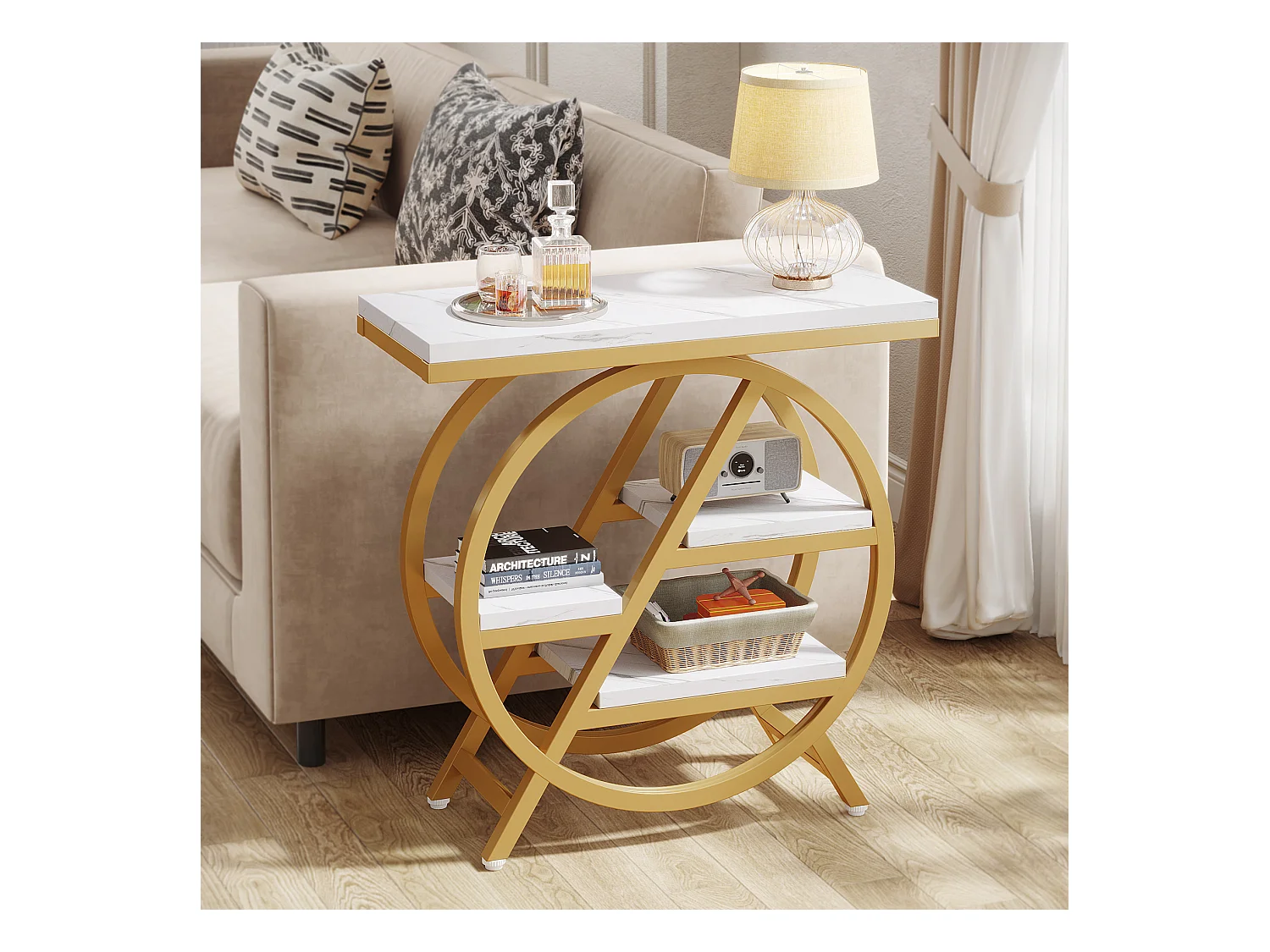 Table d'appoint à 3 Niveaux en Imitation marbre avec Rangement,d'appoint étroite en Bois avec Cadre géométrique en métal, Table de Chevet Moderne pour Salon