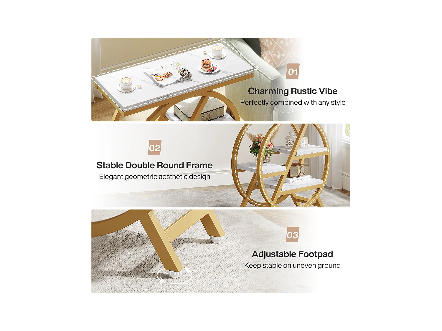 Table d'appoint à 3 Niveaux en Imitation marbre avec Rangement,d'appoint étroite en Bois avec Cadre géométrique en métal, Table de Chevet Moderne pour Salon