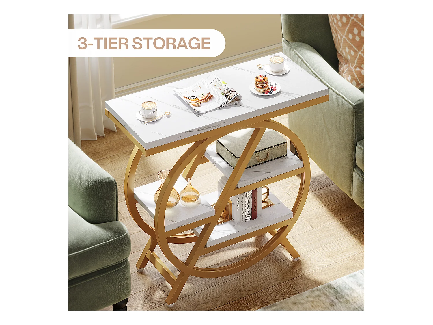 Table d'appoint à 3 Niveaux en Imitation marbre avec Rangement,d'appoint étroite en Bois avec Cadre géométrique en métal, Table de Chevet Moderne pour Salon