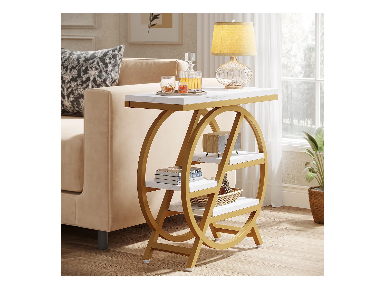 Table d'appoint à 3 Niveaux en Imitation marbre avec Rangement,d'appoint étroite en Bois avec Cadre géométrique en métal, Table de Chevet Moderne pour Salon