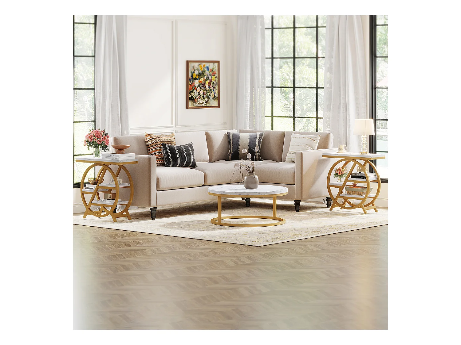 Table d'appoint à 3 Niveaux en Imitation marbre avec Rangement,d'appoint étroite en Bois avec Cadre géométrique en métal, Table de Chevet Moderne pour Salon