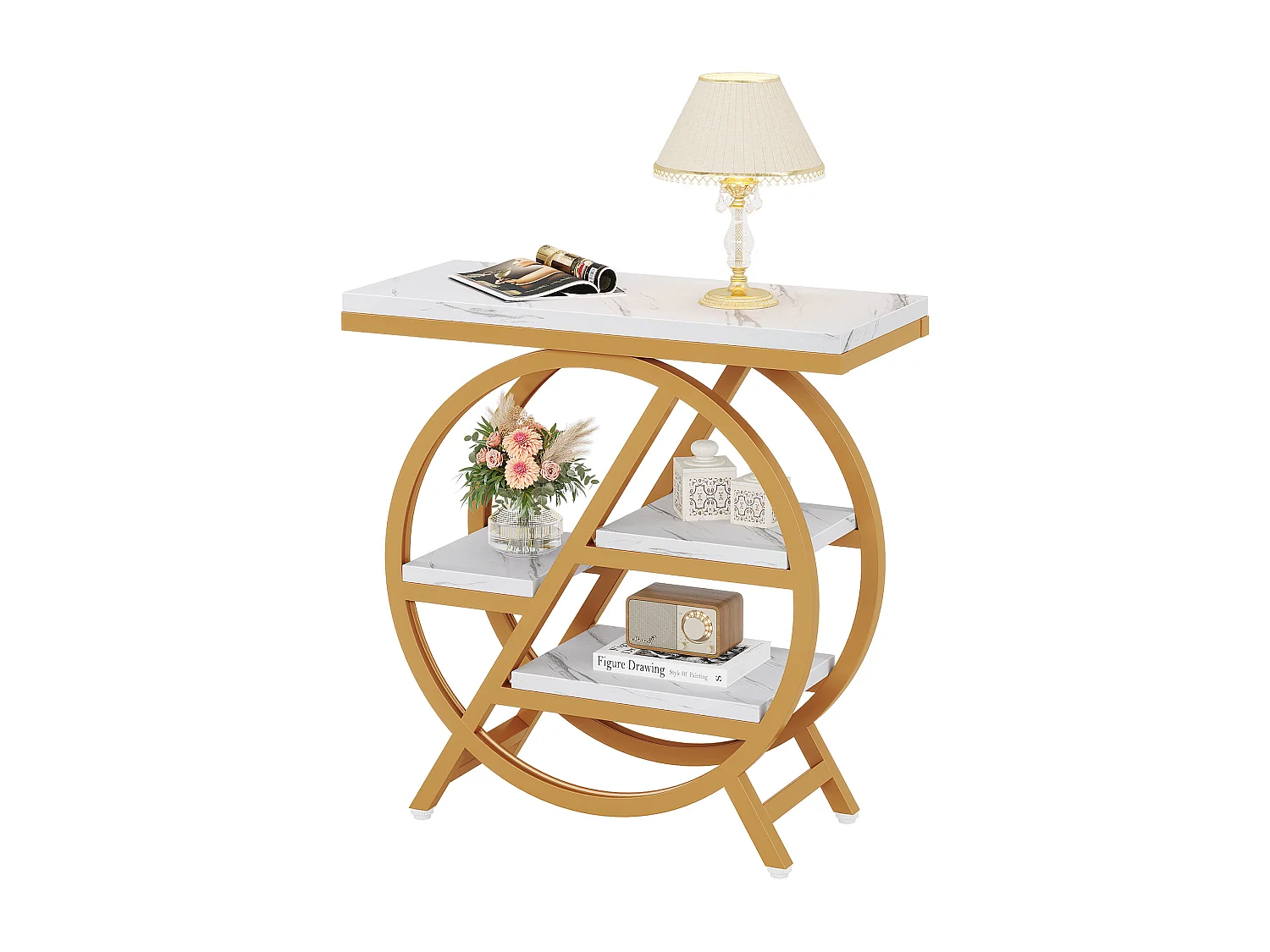 Table d'appoint à 3 Niveaux en Imitation marbre avec Rangement,d'appoint étroite en Bois avec Cadre géométrique en métal, Table de Chevet Moderne pour Salon