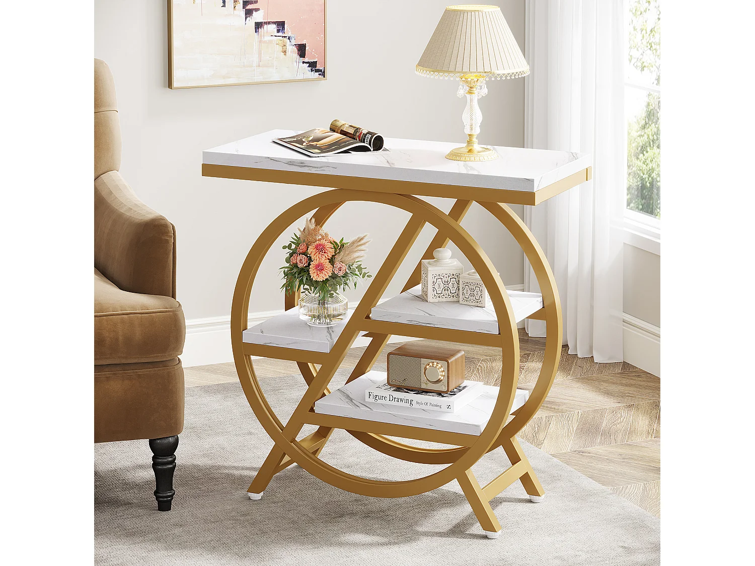 Table d'appoint à 3 Niveaux en Imitation marbre avec Rangement,d'appoint étroite en Bois avec Cadre géométrique en métal, Table de Chevet Moderne pour Salon