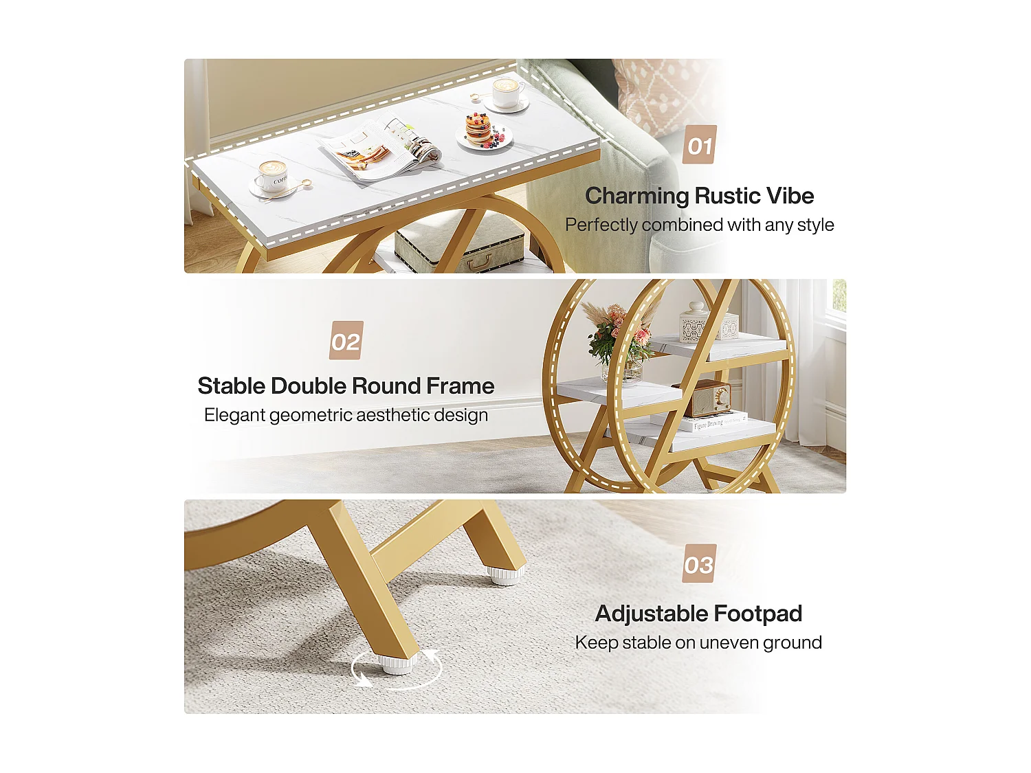 Table d'appoint à 3 Niveaux en Imitation marbre avec Rangement,d'appoint étroite en Bois avec Cadre géométrique en métal, Table de Chevet Moderne pour Salon