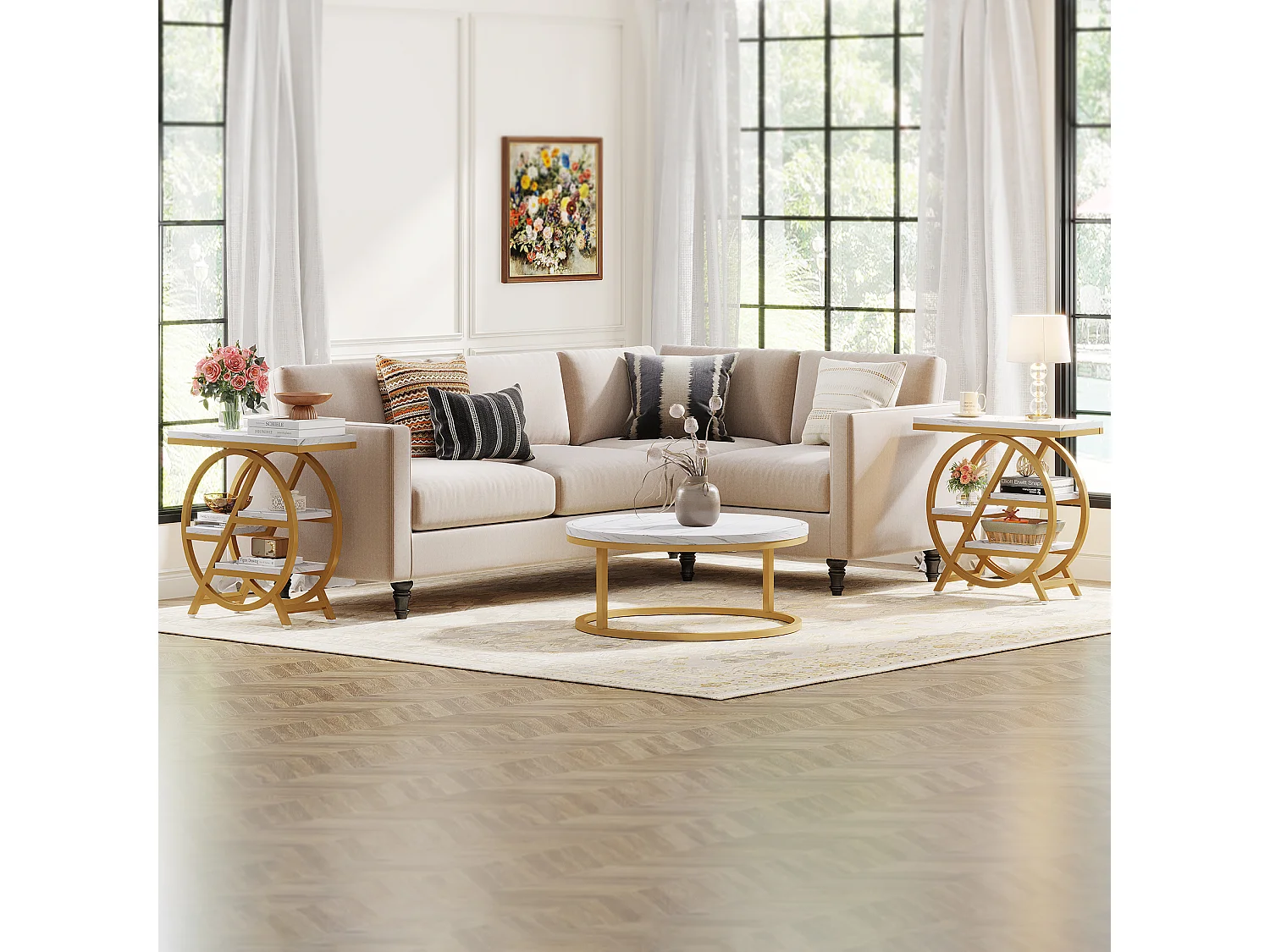 Table d'appoint à 3 Niveaux en Imitation marbre avec Rangement,d'appoint étroite en Bois avec Cadre géométrique en métal, Table de Chevet Moderne pour Salon