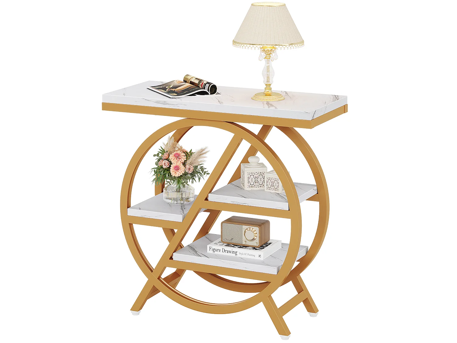 3-laags bijzettafel van imitatiemarmer met opbergruimte, smalle houten bijzettafel met geometrisch metalen frame, modern nachtkastje voor de woonkamer
