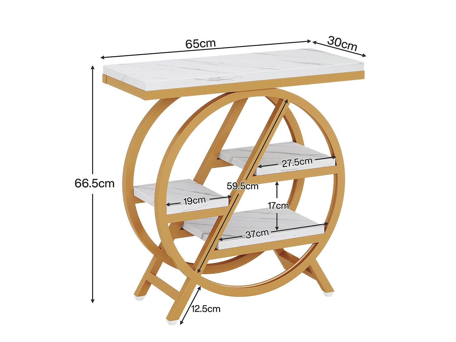 3-laags bijzettafel van imitatiemarmer met opbergruimte, smalle houten bijzettafel met geometrisch metalen frame, modern nachtkastje voor de woonkamer
