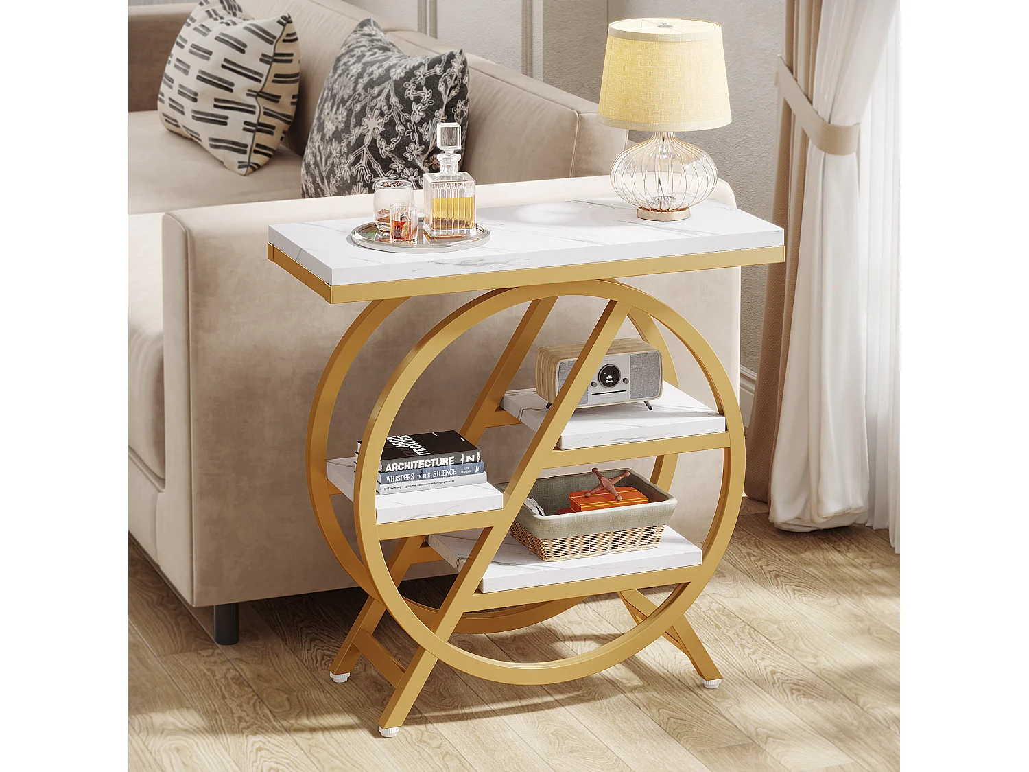 3-laags bijzettafel van imitatiemarmer met opbergruimte, smalle houten bijzettafel met geometrisch metalen frame, modern nachtkastje voor de woonkamer