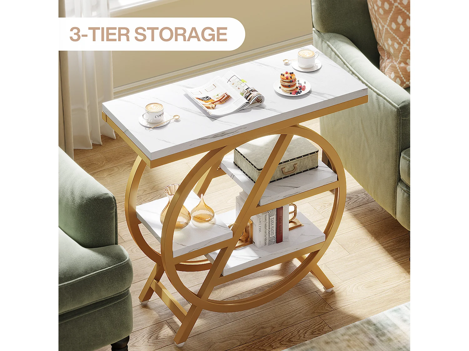 3-laags bijzettafel van imitatiemarmer met opbergruimte, smalle houten bijzettafel met geometrisch metalen frame, modern nachtkastje voor de woonkamer