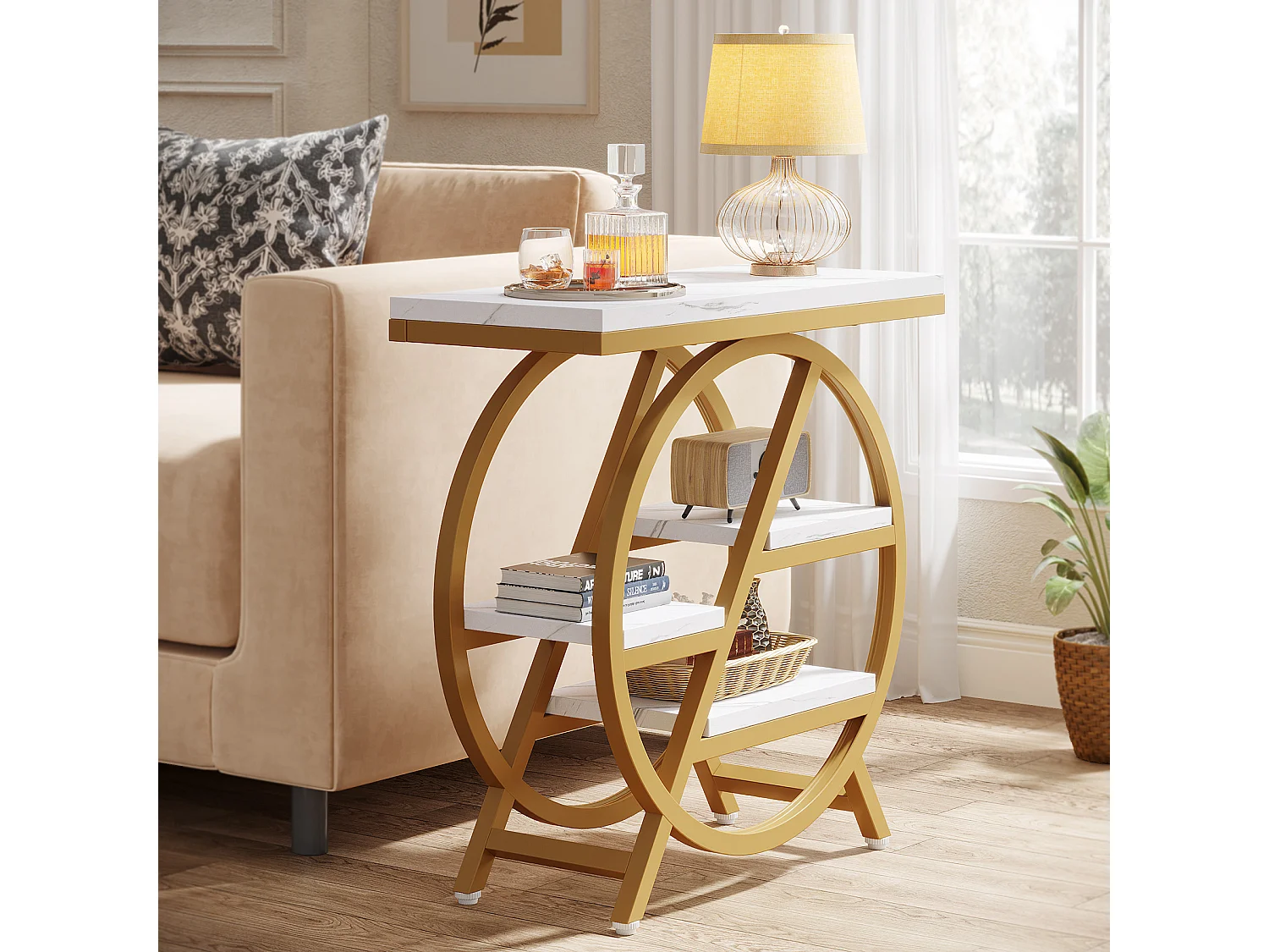 3-laags bijzettafel van imitatiemarmer met opbergruimte, smalle houten bijzettafel met geometrisch metalen frame, modern nachtkastje voor de woonkamer