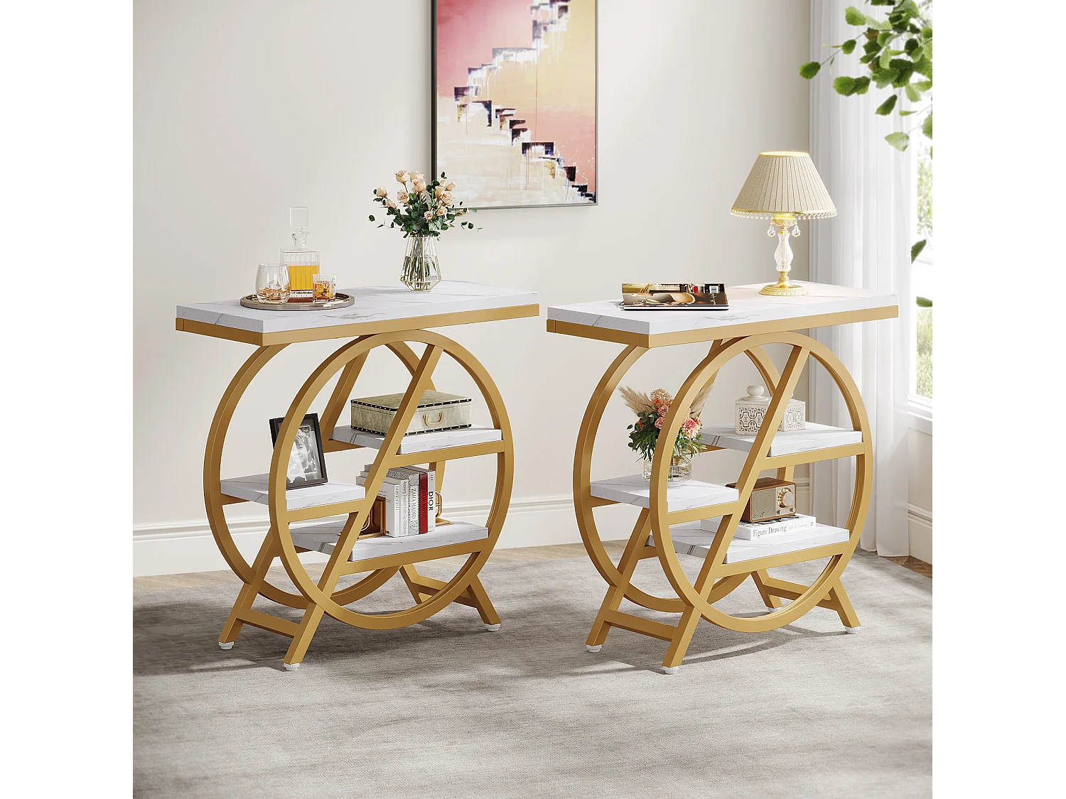 3-laags bijzettafel van imitatiemarmer met opbergruimte, smalle houten bijzettafel met geometrisch metalen frame, modern nachtkastje voor de woonkamer