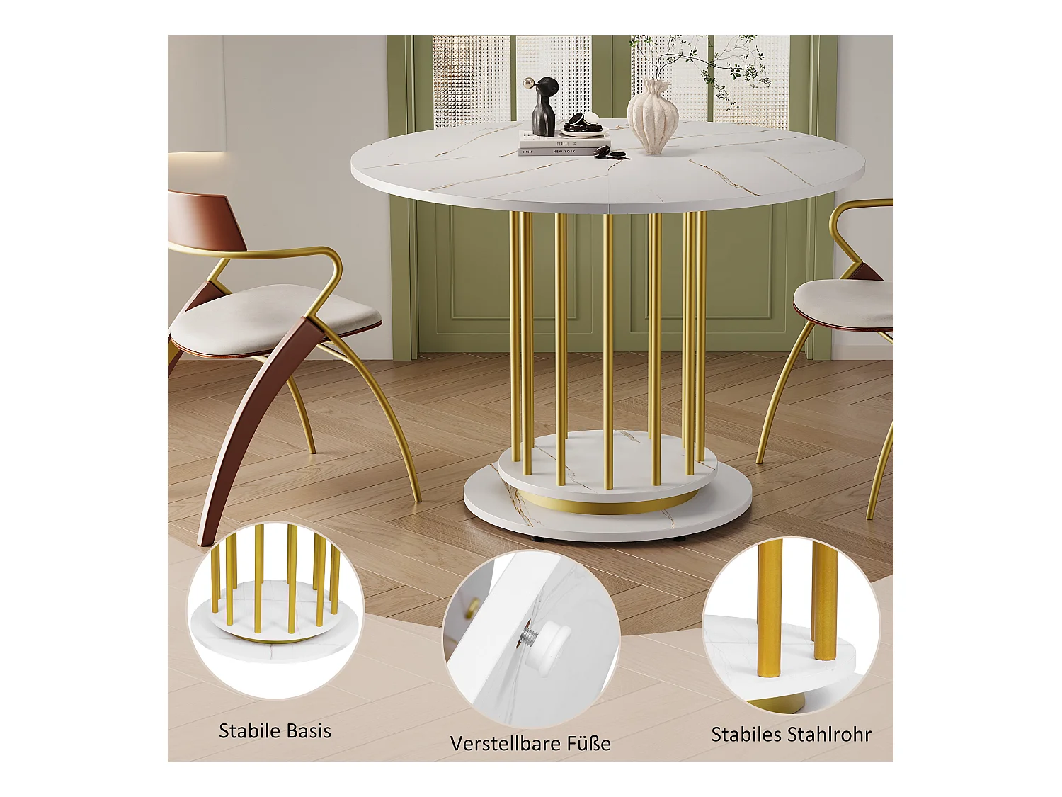 Table à manger ronde aspect marbre - 110 x 110 x 74.6 cm - pour 2 à 4 personnes - MDF + Métal - blanc + or