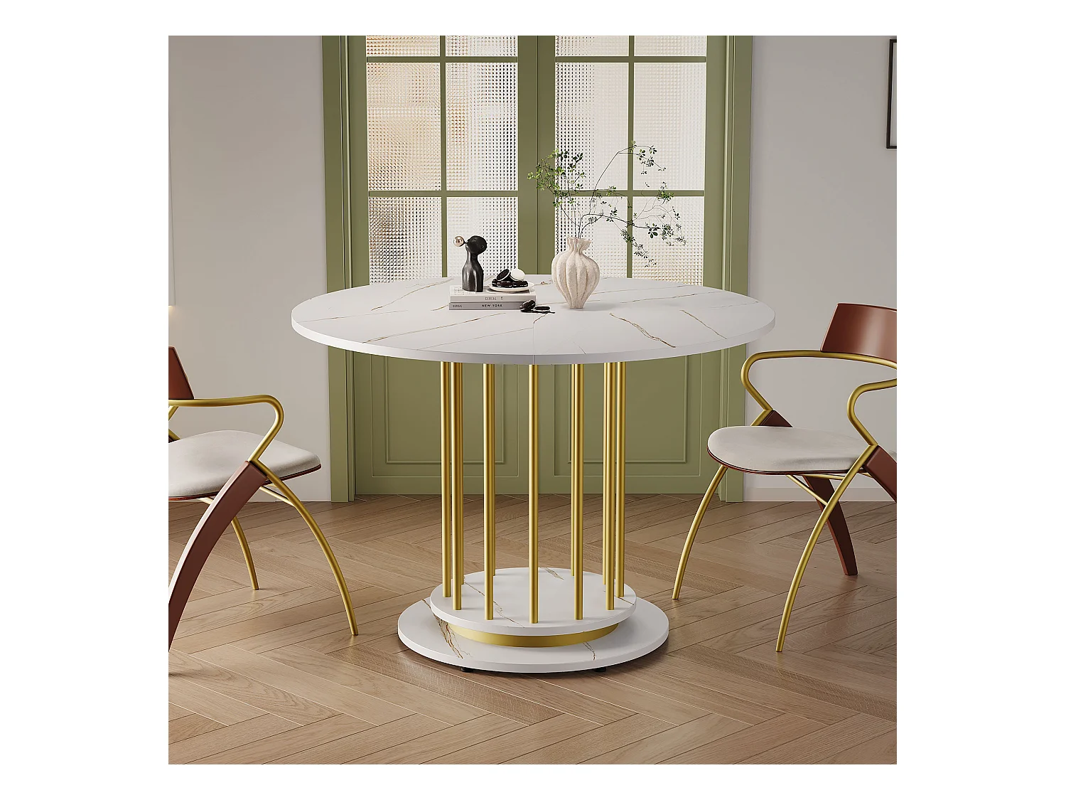 Table à manger ronde aspect marbre - 110 x 110 x 74.6 cm - pour 2 à 4 personnes - MDF + Métal - blanc + or
