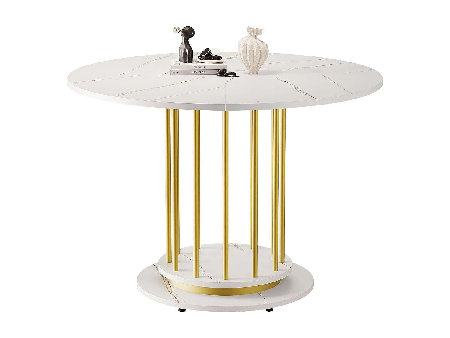 Table à manger ronde aspect marbre - 110 x 110 x 74.6 cm - pour 2 à 4 personnes - MDF + Métal - blanc + or