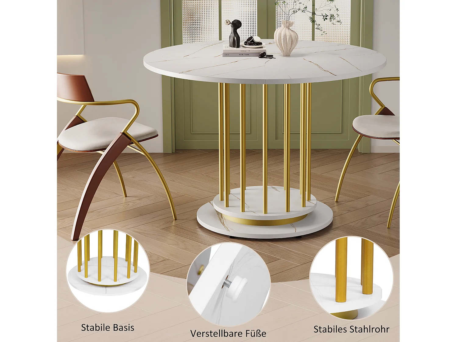 Table à manger ronde aspect marbre - 110 x 110 x 74.6 cm - pour 2 à 4 personnes - MDF + Métal - blanc + or