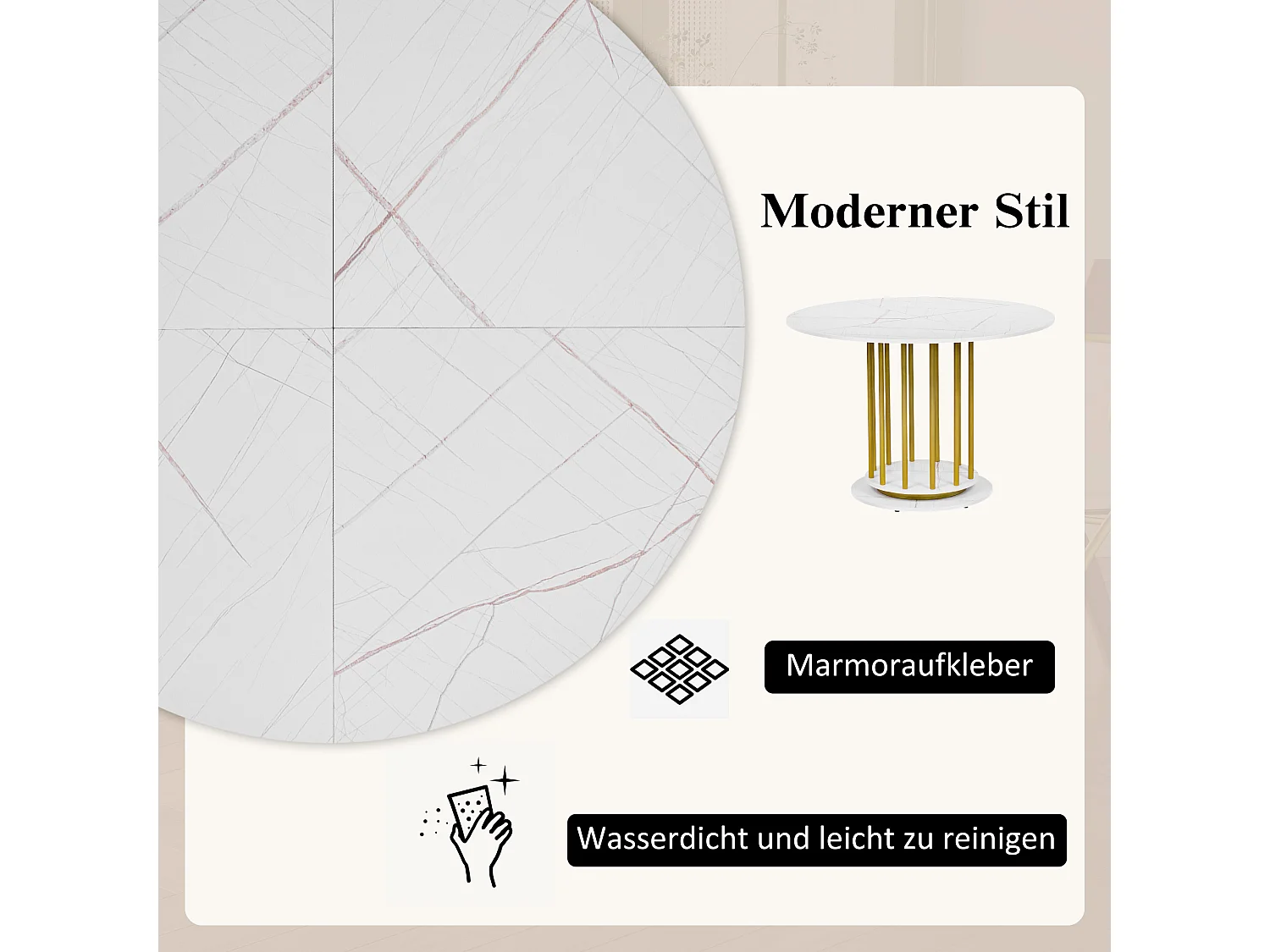 Table à manger ronde aspect marbre - 110 x 110 x 74.6 cm - pour 2 à 4 personnes - MDF + Métal - blanc + or