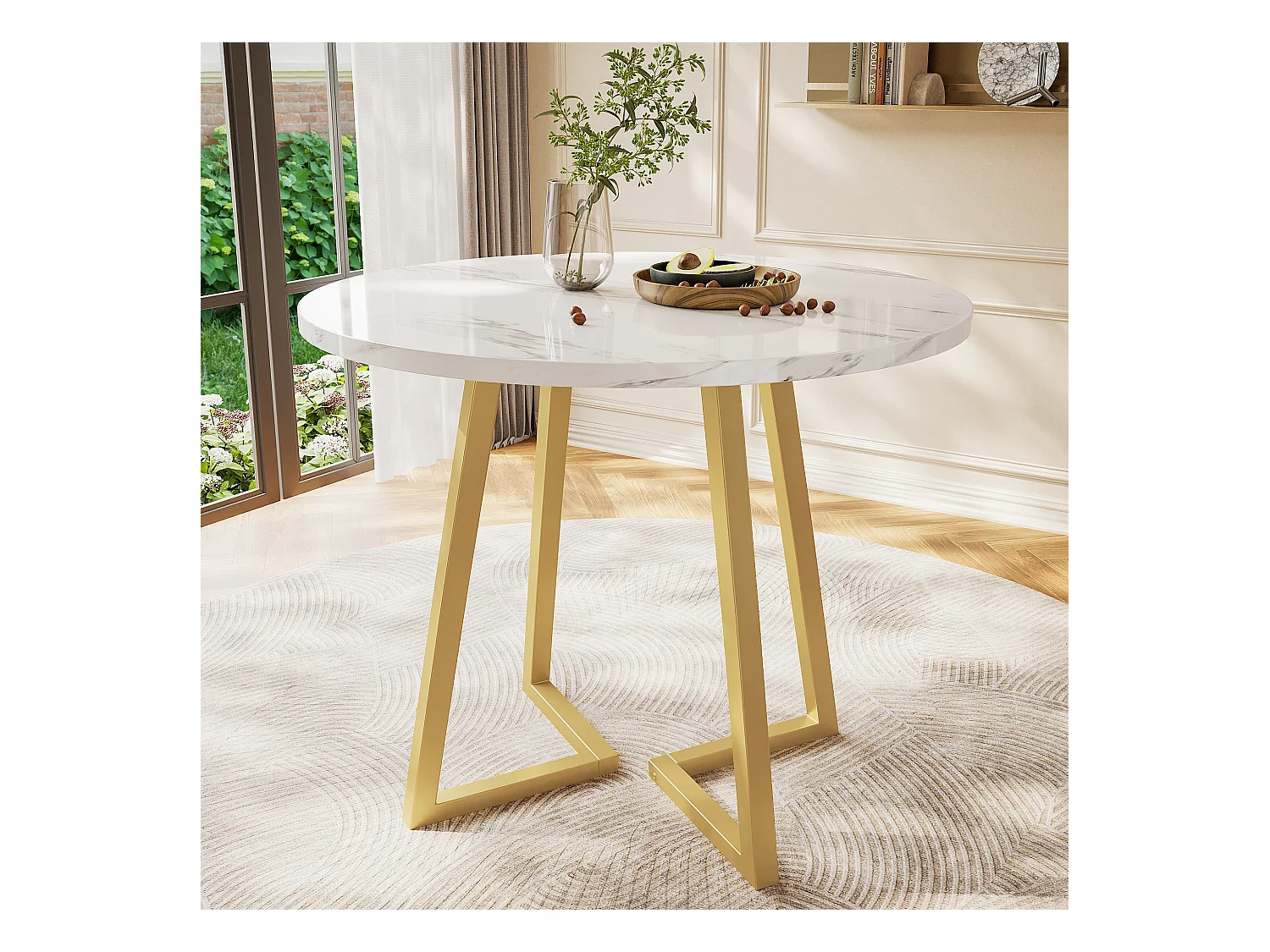 Table à manger ronde 4 personnes en MDF, plateau en placage marbre blanc, pied en métal doré