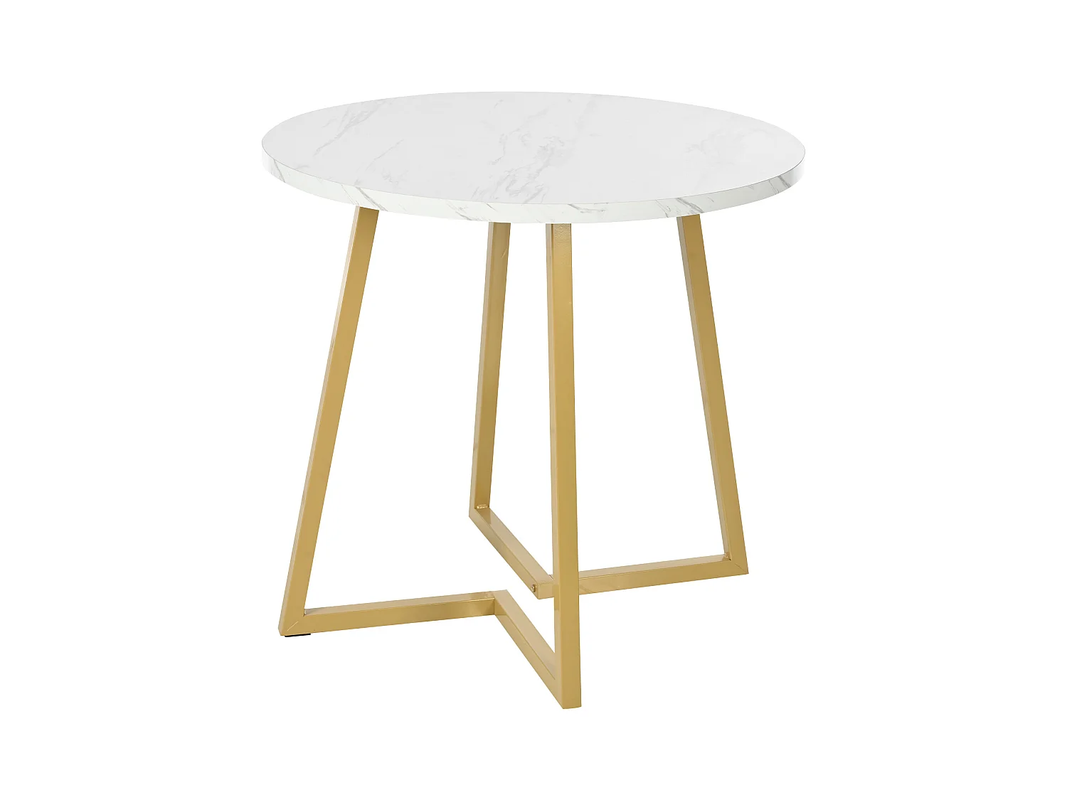 Table à manger ronde 4 personnes en MDF, plateau en placage marbre blanc, pied en métal doré
