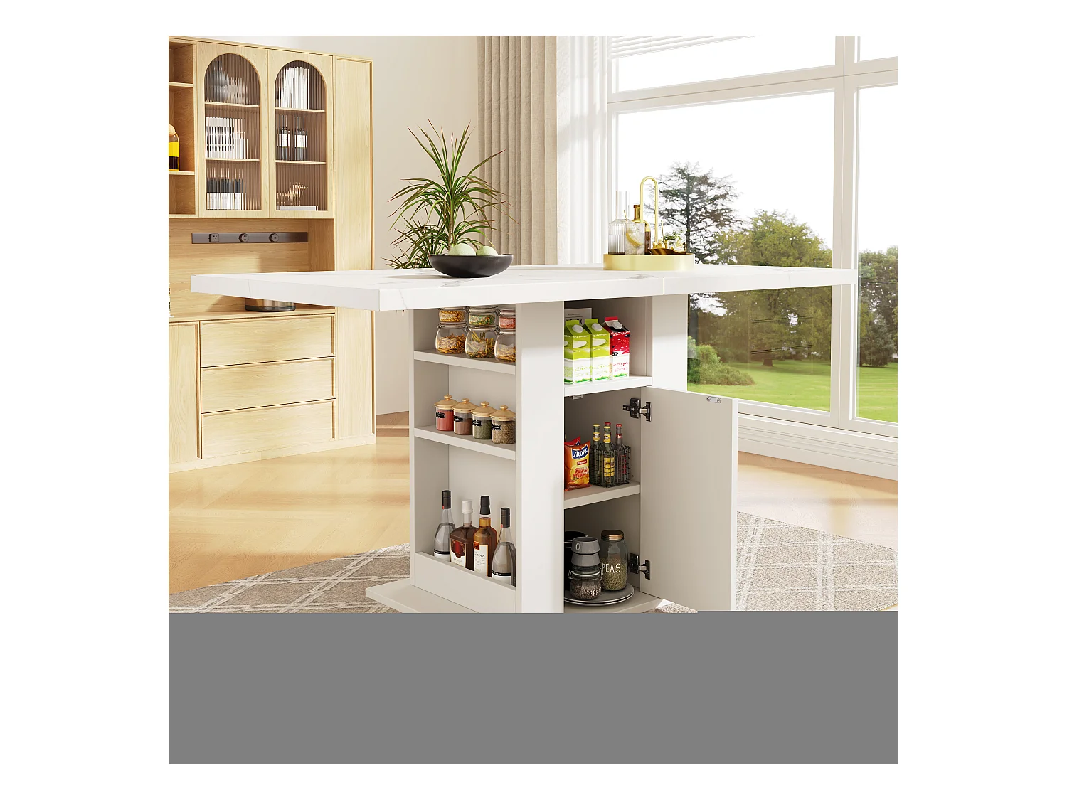 Table à manger avec porte - 140 x 75 x 75 cm - à trois niveaux avec rangement - plateau en marbre - MDF - blanc