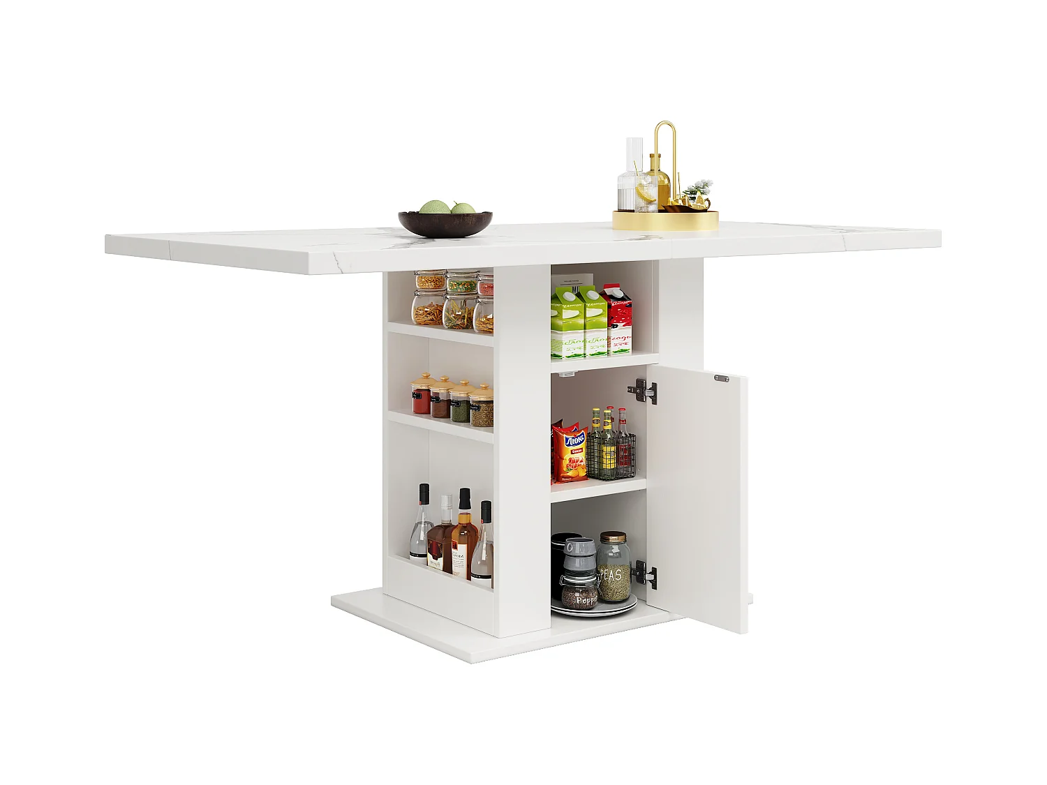 Table à manger avec porte - 140 x 75 x 75 cm - à trois niveaux avec rangement - plateau en marbre - MDF - blanc