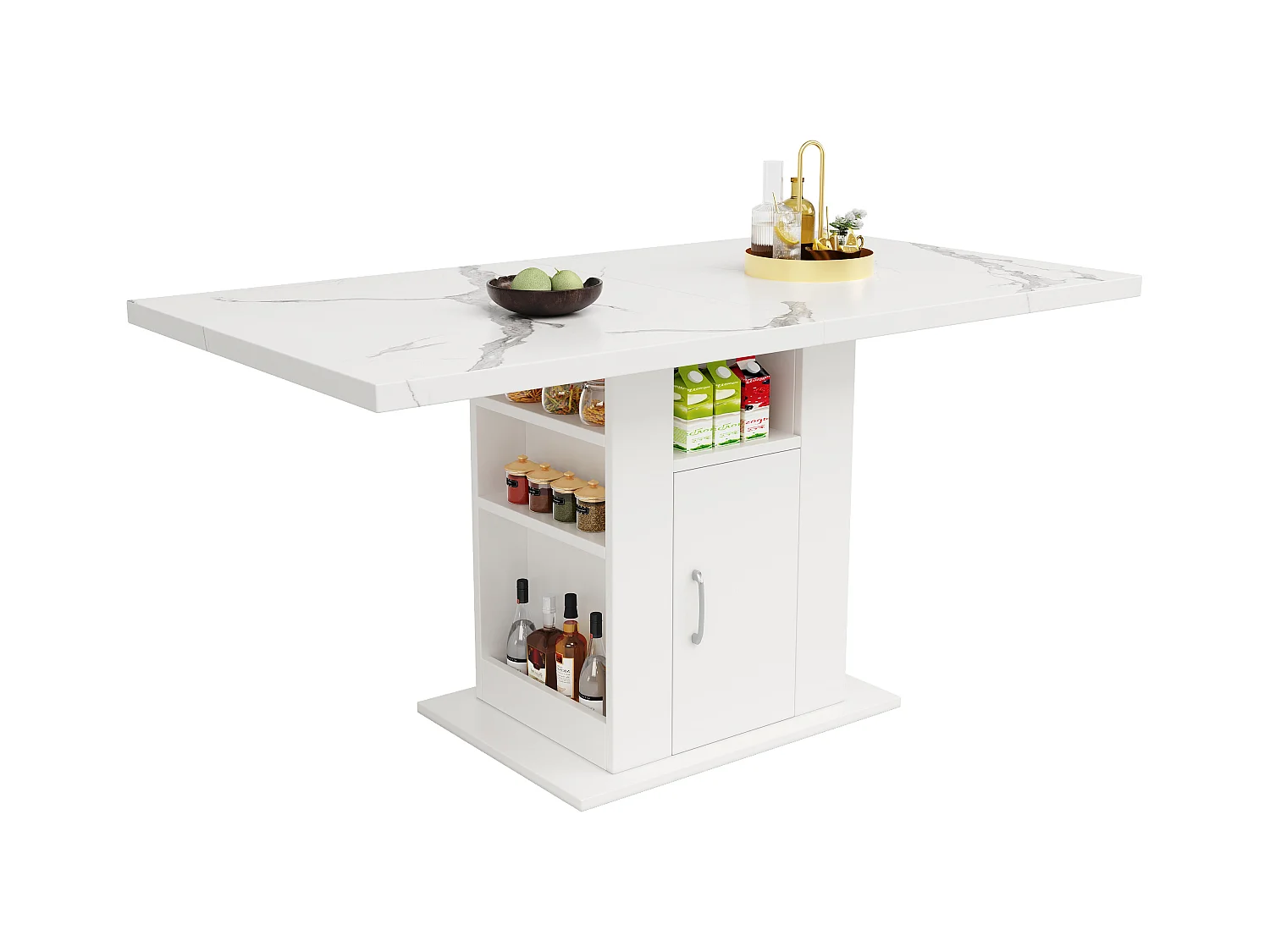 Table à manger avec porte - 140 x 75 x 75 cm - à trois niveaux avec rangement - plateau en marbre - MDF - blanc