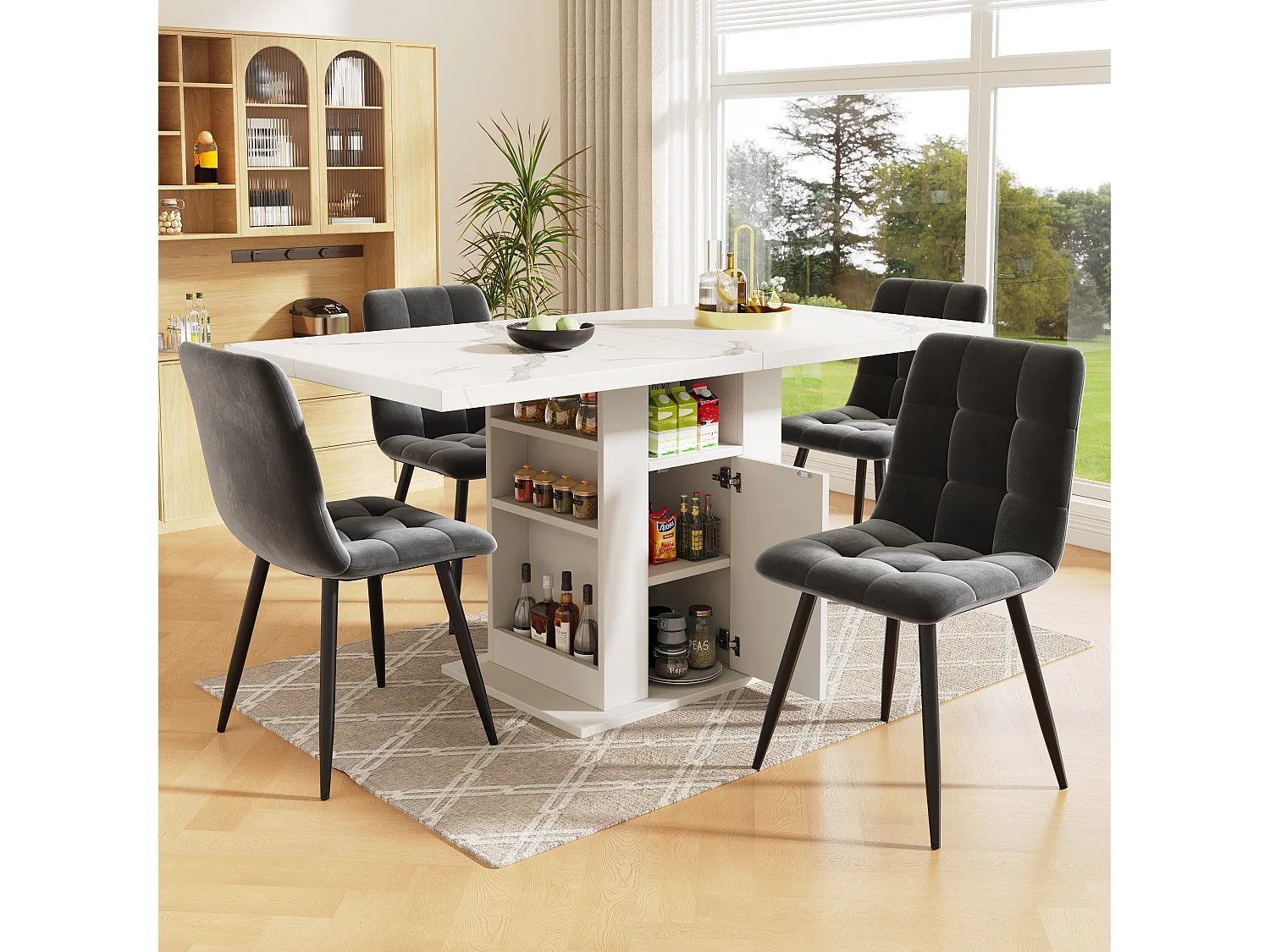 Table à manger avec porte - 140 x 75 x 75 cm - à trois niveaux avec rangement - plateau en marbre - MDF - blanc