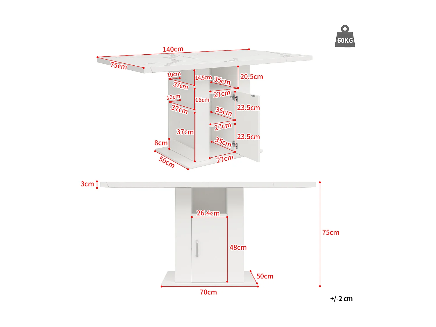 Table à manger avec porte - 140 x 75 x 75 cm - à trois niveaux avec rangement - plateau en marbre - MDF - blanc
