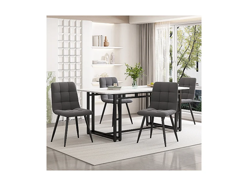 Eettafel voor 4 personen 140x80cm in MDF, blad van wit marmerfineer, poten van zwart metaal