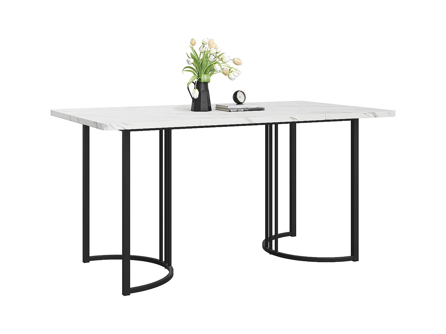 Table à manger 6 personnes 140x80cm en MDF,plateau en placage marbre blanc, pied en métal noir