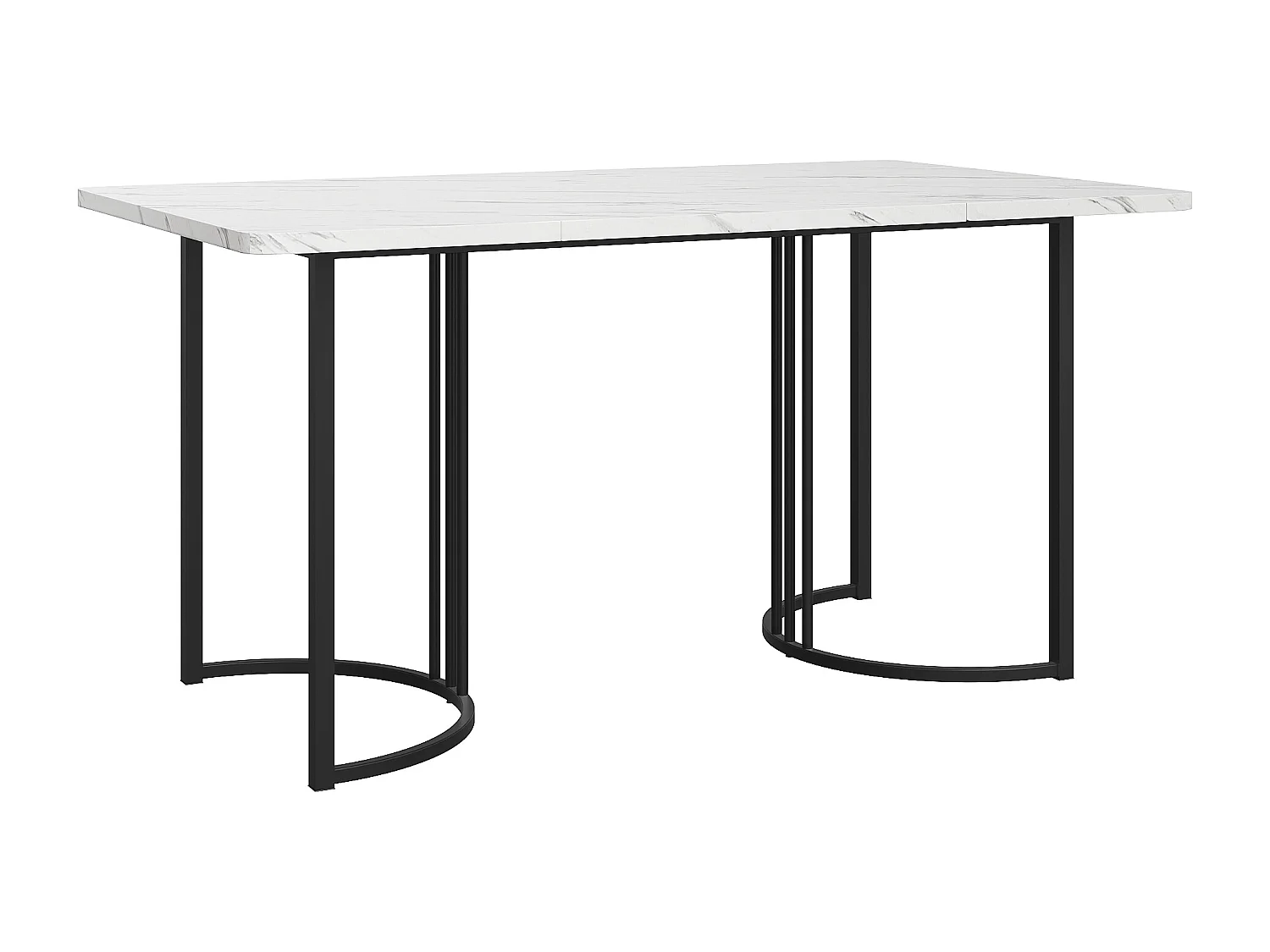 Mesa de jantar para 6 pessoas 140x80cm em MDF, tampo em folheado de mármore branco, pés em metal preto