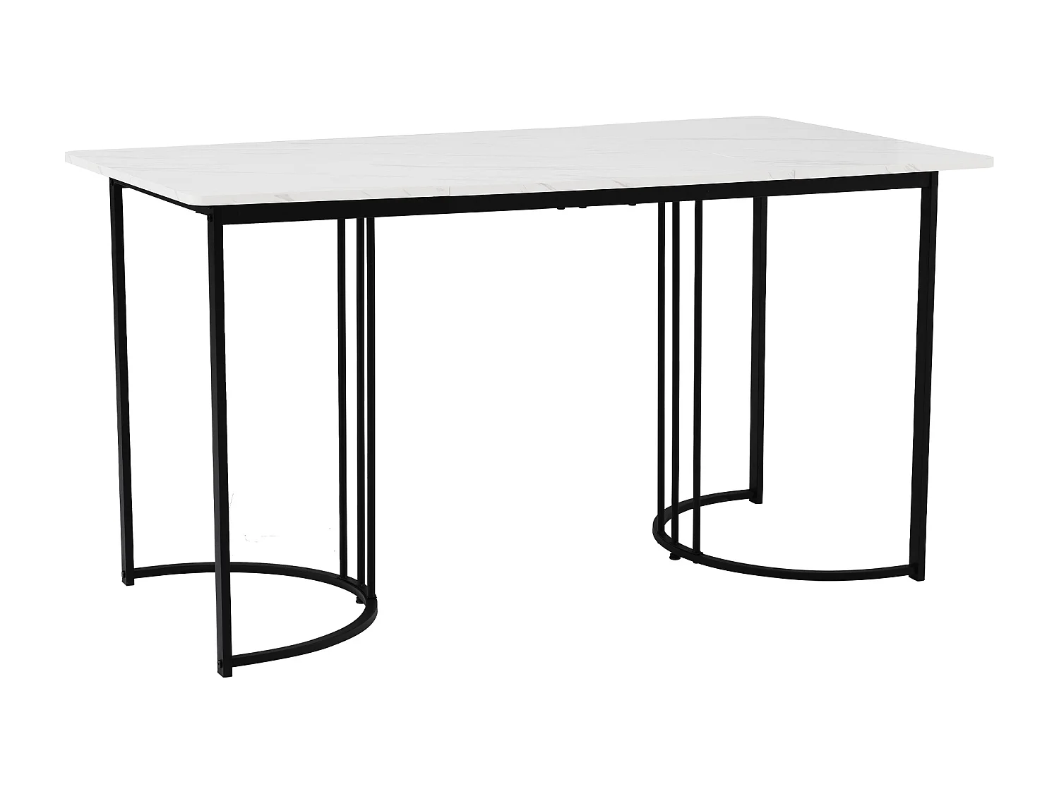 Mesa de jantar para 6 pessoas 140x80cm em MDF, tampo em folheado de mármore branco, pés em metal preto