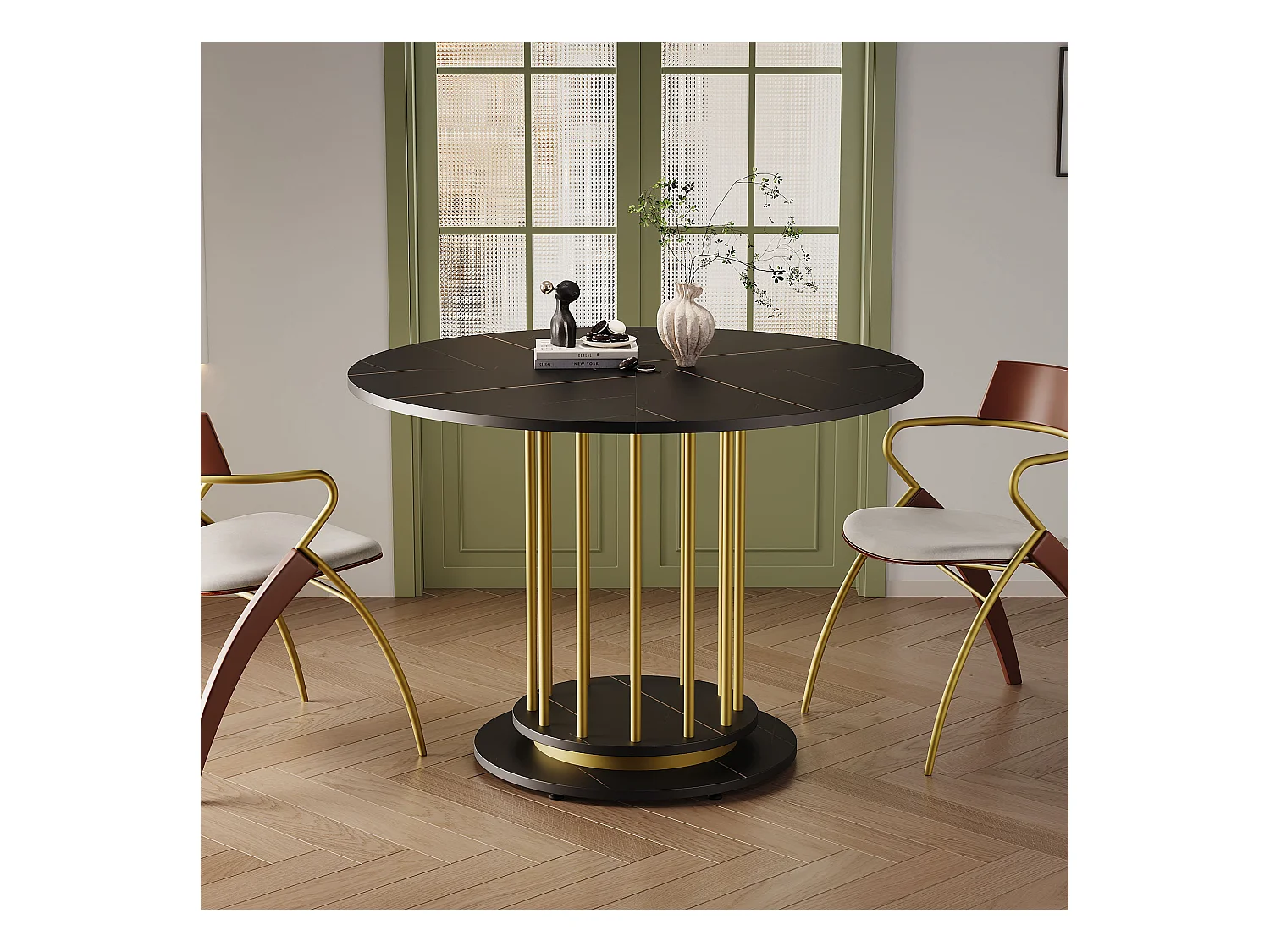 Runder Esstisch in Marmoroptik - 110 x 110 x 74,6 cm - für 2 bis 4 Personen - MDF + Metall - Schwarz + Gold