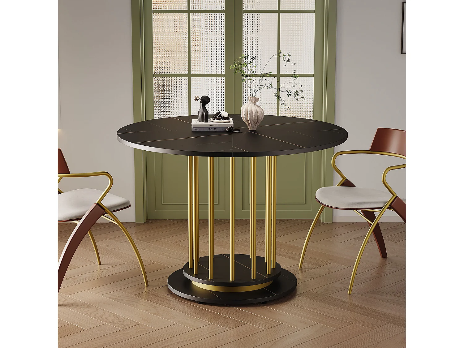 Table à manger ronde aspect marbre - 110 x 110 x 74.6 cm - pour 2 à 4 personnes - MDF + Métal - noir + or