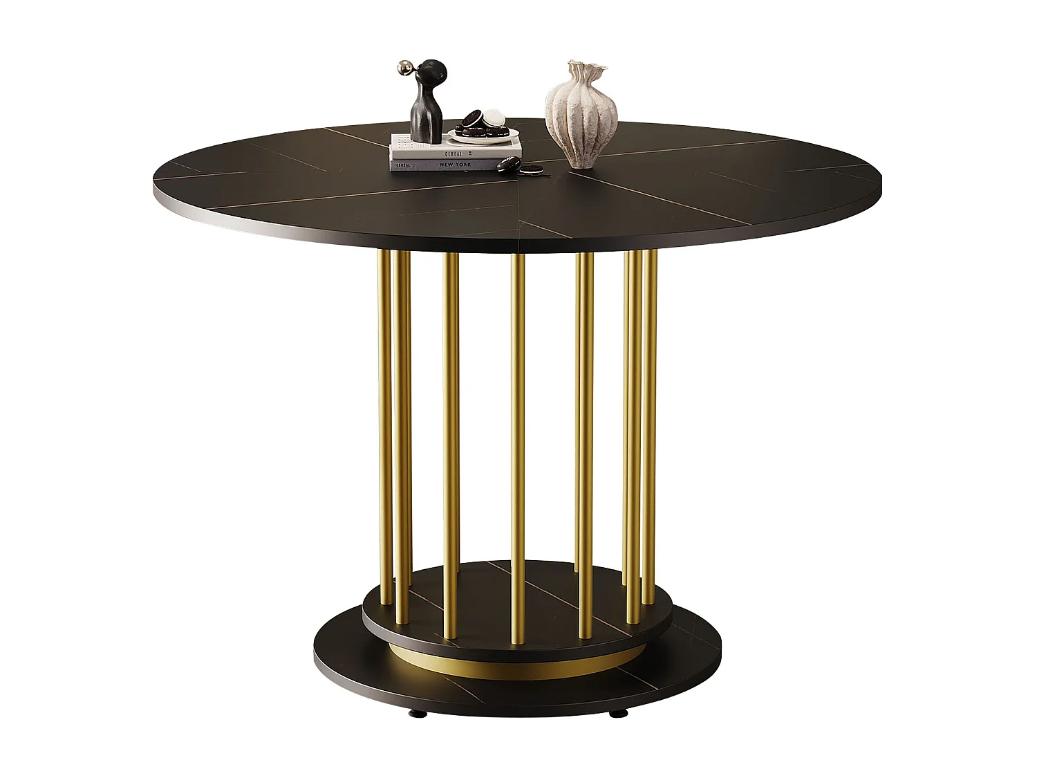 Table à manger ronde aspect marbre - 110 x 110 x 74.6 cm - pour 2 à 4 personnes - MDF + Métal - noir + or