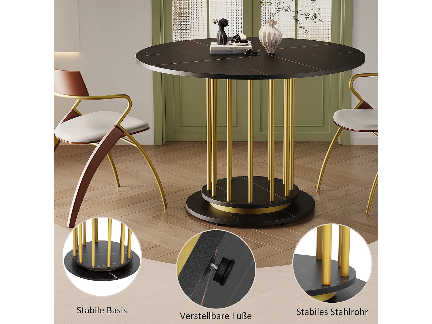 Table à manger ronde aspect marbre - 110 x 110 x 74.6 cm - pour 2 à 4 personnes - MDF + Métal - noir + or