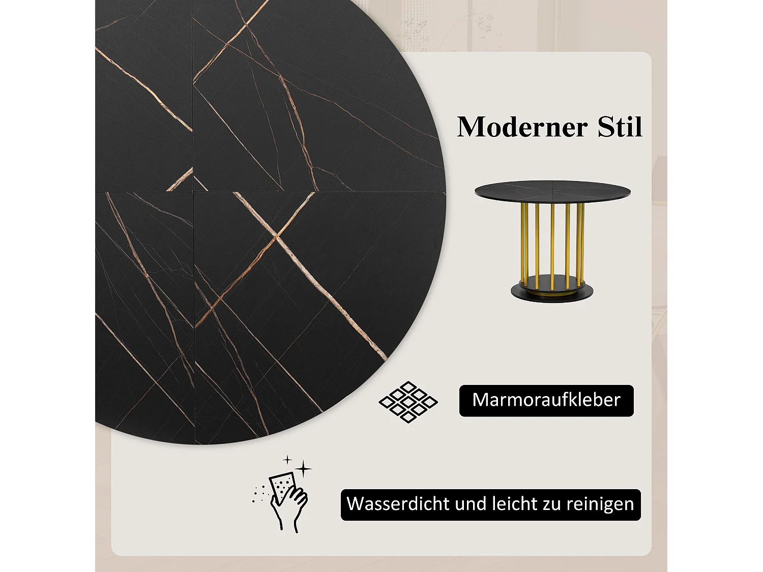 Table à manger ronde aspect marbre - 110 x 110 x 74.6 cm - pour 2 à 4 personnes - MDF + Métal - noir + or