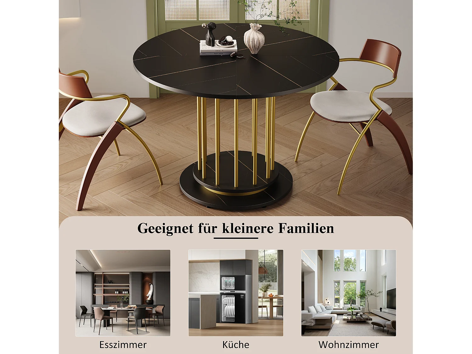 Table à manger ronde aspect marbre - 110 x 110 x 74.6 cm - pour 2 à 4 personnes - MDF + Métal - noir + or