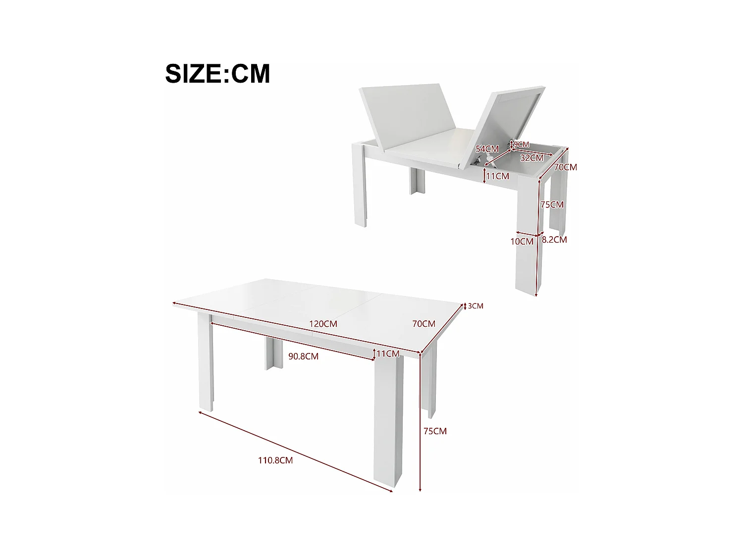 Table à manger - 120 x 70cm x 75 - table à manger rectangulaire avec rangement - MDF - blanc