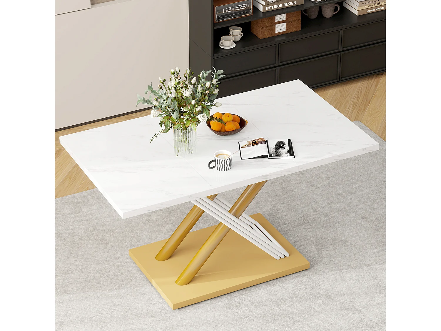 Table à manger 4 personnes 140x80cm en MDF,plateau en placage marbre blanc, pied en métal doré